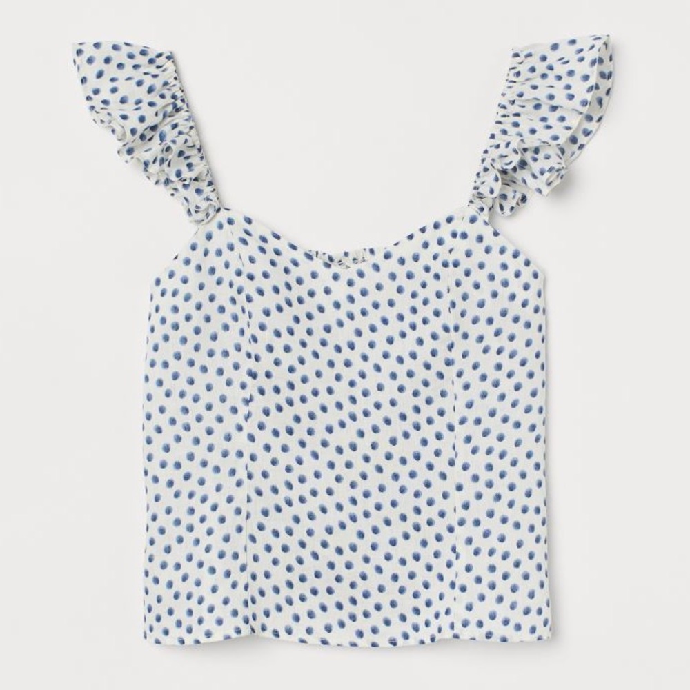 H&M linen tank top, blue polka dot, smocked back statement flutter strap.